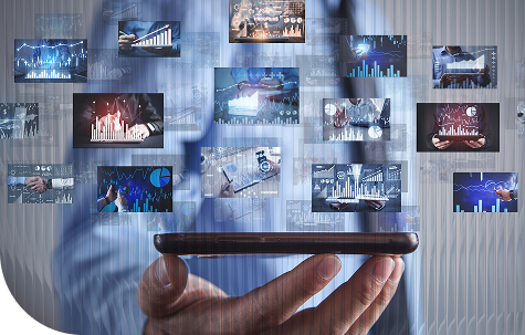 Business analytics dashboards and data visualizations displayed across a digital interface above a smartphone.